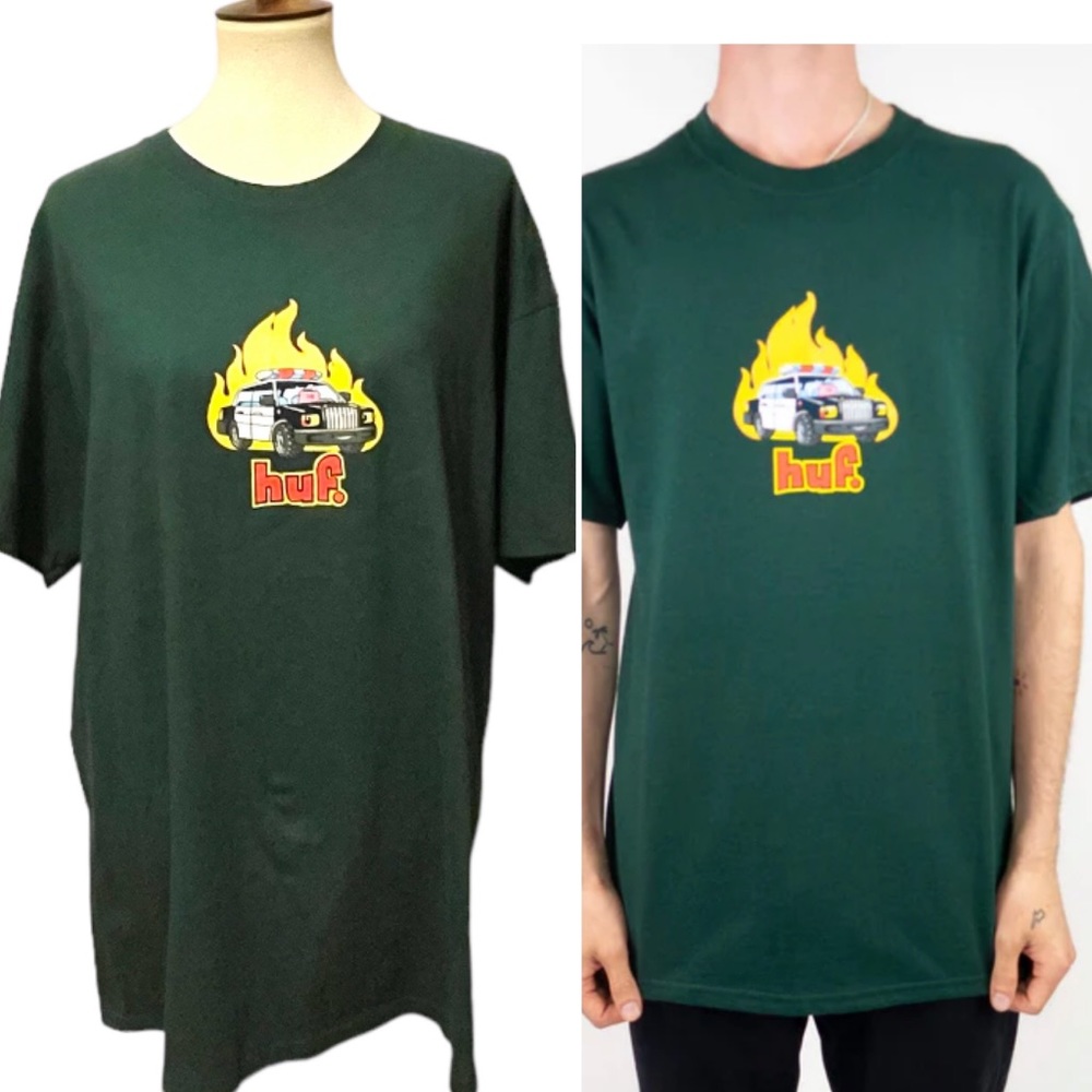Huf Roasted T-Shirt police car flames hog streetwear skateboarding Dark Green XL